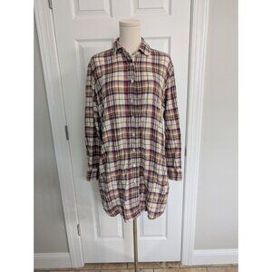 ORGANIC By John Patrick Tunic Button Down Shirt Dress Red Blue Plaid S Small